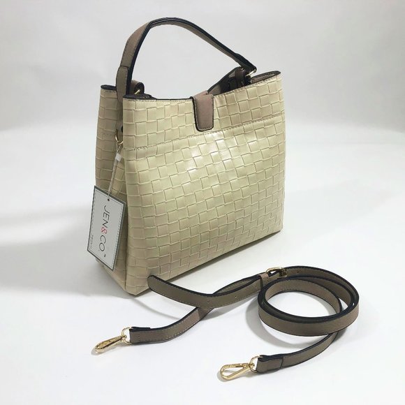 Jen & Co Tati Satchel Cross Body Bag Vegan Leather Beige Woven Pattern - Picture 1 of 9